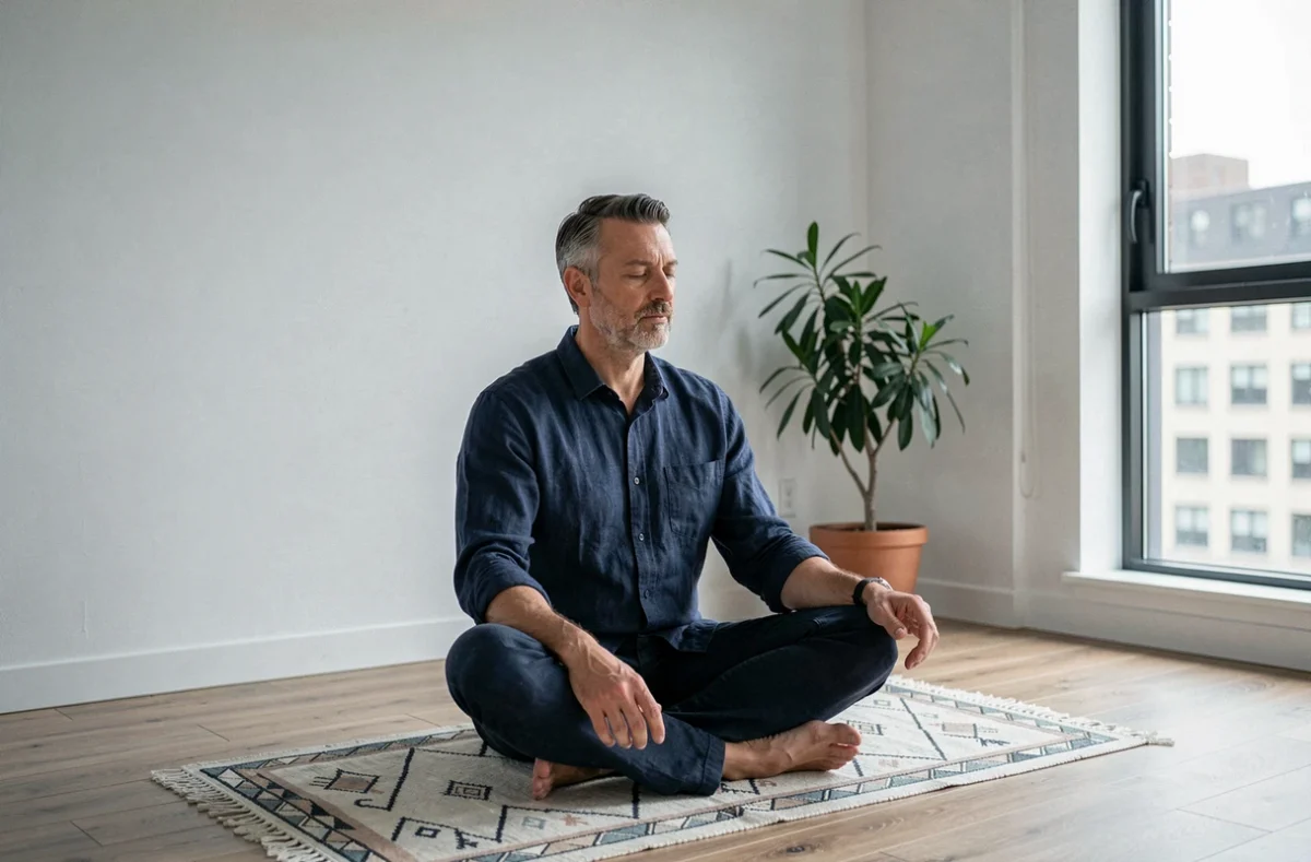 Homme en position de pleine conscience dans une pièce minimaliste, symbolisant le processus de conscientisation et d'introspection