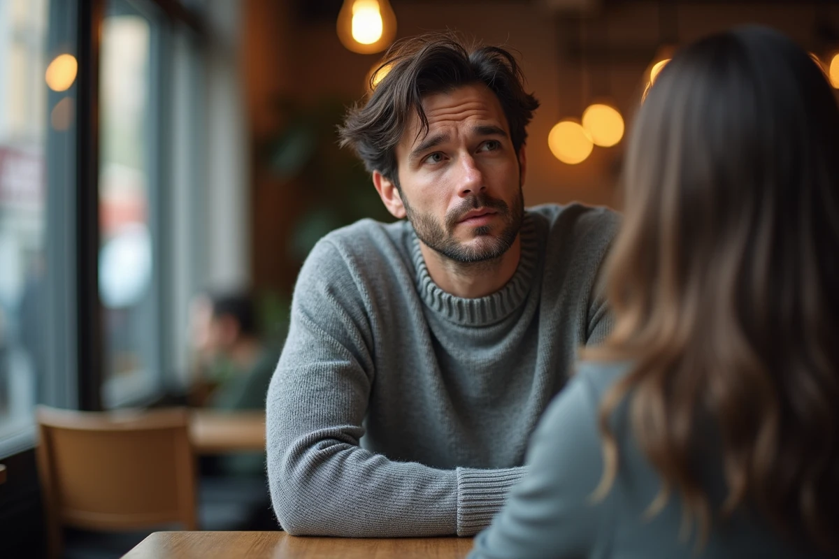 Homme qui se confie à une femme dans un café avec une expression sincère et vulnérable