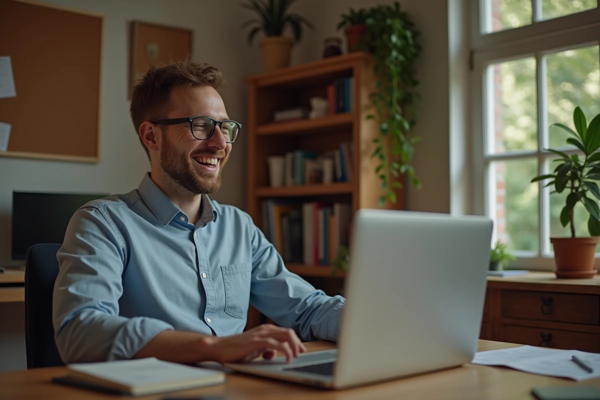 Homme réagissant à une vidéo TikTok dans un bureau chaleureux