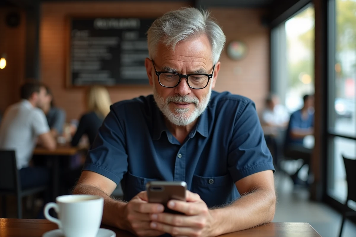 Homme d'une cinquantaine d'années consultant son téléphone dans un café pour retrouver un ancien ami via Copains d'avant