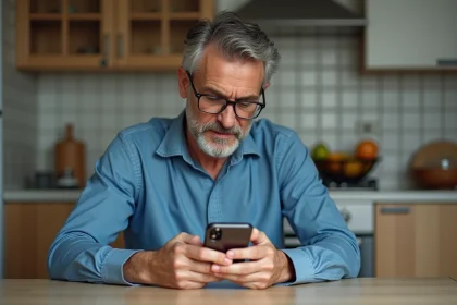 Homme d'âge moyen regardant son smartphone dans la cuisine