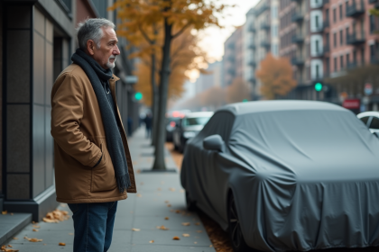 Homme d'âge moyen dans la ville regardant une voiture couverte