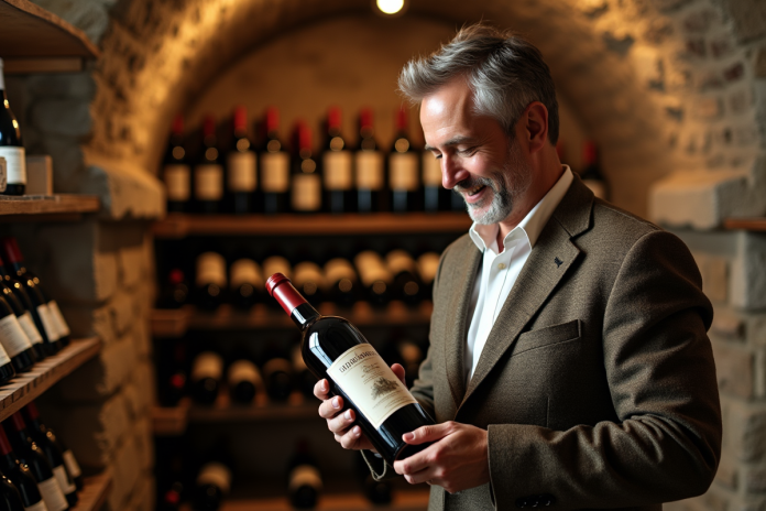 homme-vin-bourgogne-tweed Homme d'âge moyen examinant une bouteille de vin de Bourgogne