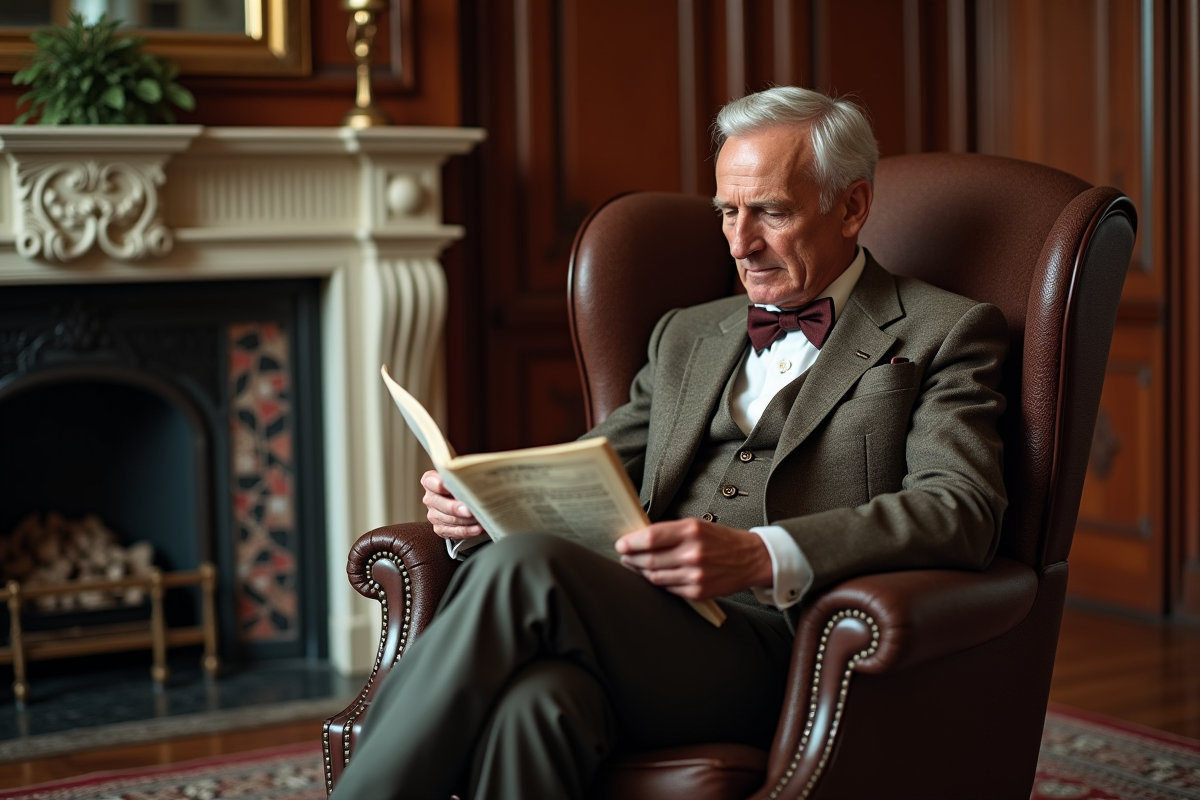 Homme élégant lisant dans un salon vintage