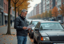 Voitures interdites 2025 : quelles seront-elles ? Homme d'âge moyen examine un document près d'une vieille voiture en ville