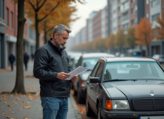 Voitures interdites 2025 : quelles seront-elles ? Homme d'âge moyen examine un document près d'une vieille voiture en ville