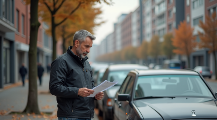 Voitures interdites 2025 : quelles seront-elles ? Homme d'âge moyen examine un document près d'une vieille voiture en ville