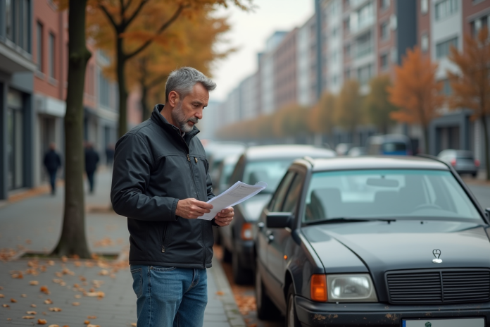 homme-voiture-urbaine Homme d'âge moyen examine un document près d'une vieille voiture en ville