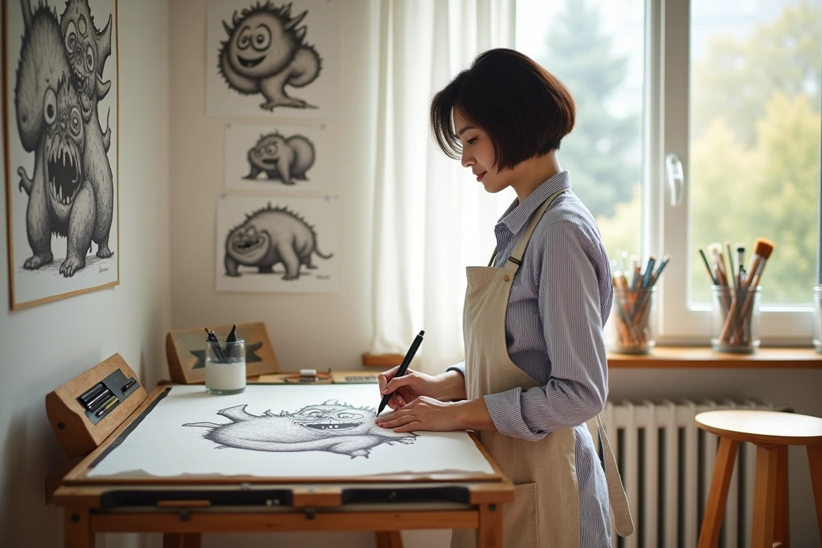 Illustratrice encrant un grand dessin de monstre expressif sur table à dessin dans un studio créatif avec croquis épinglés au mur