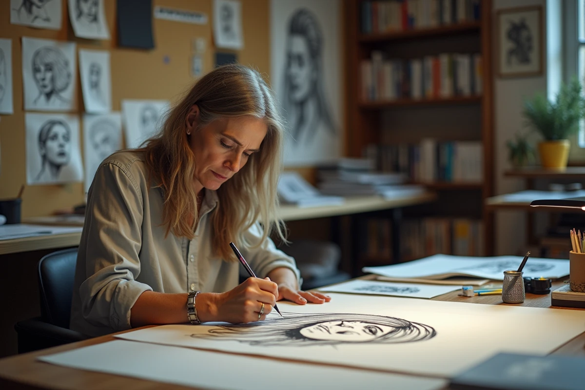Illustratrice professionnelle dessinant un portrait de personnage antagoniste inspiré de Klahadore de One Piece dans son atelier créatif