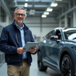 Perspectives d’avenir de l’industrie automobile aux États-Unis : tendances 2025 à suivre Ingénieur homme avec tablette près d'une voiture électrique