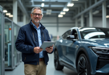 Ingénieur homme avec tablette près d'une voiture électrique
