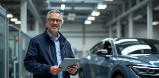 Perspectives d’avenir de l’industrie automobile aux États-Unis : tendances 2025 à suivre Ingénieur homme avec tablette près d'une voiture électrique