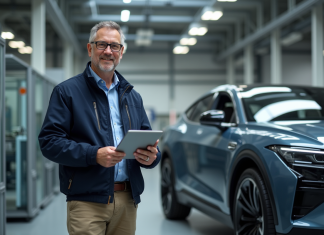 Perspectives d’avenir de l’industrie automobile aux États-Unis : tendances 2025 à suivre Ingénieur homme avec tablette près d'une voiture électrique