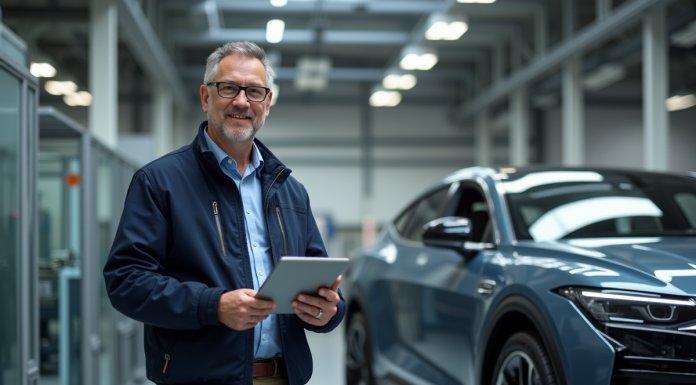 Perspectives d’avenir de l’industrie automobile aux États-Unis : tendances 2025 à suivre Ingénieur homme avec tablette près d'une voiture électrique