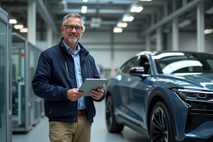 Ingénieur homme avec tablette près d'une voiture électrique