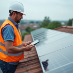 Production 3kWc par jour : comment optimiser votre installation solaire ? Homme inspectant un panneau solaire sur un toit résidentiel