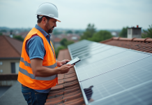 Homme inspectant un panneau solaire sur un toit résidentiel