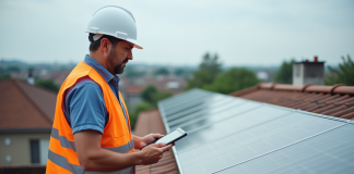 Production 3kWc par jour : comment optimiser votre installation solaire ? Homme inspectant un panneau solaire sur un toit résidentiel