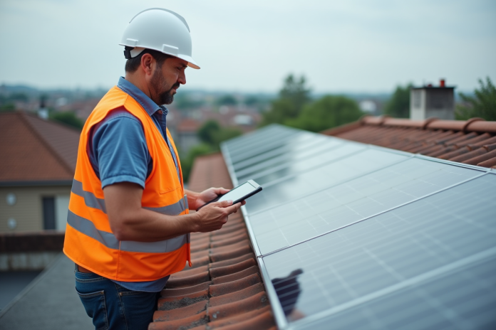 Homme inspectant un panneau solaire sur un toit résidentiel