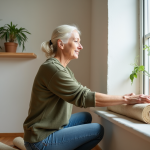 Rénovation écologique : conseils pratiques pour un habitat éco-responsable Femme isolant une fenêtre avec des fibres naturelles dans un salon lumineux