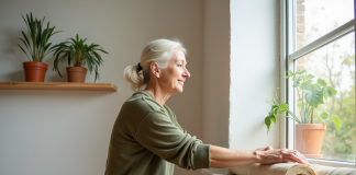 Femme isolant une fenêtre avec des fibres naturelles dans un salon lumineux