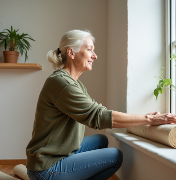 Femme isolant une fenêtre avec des fibres naturelles dans un salon lumineux