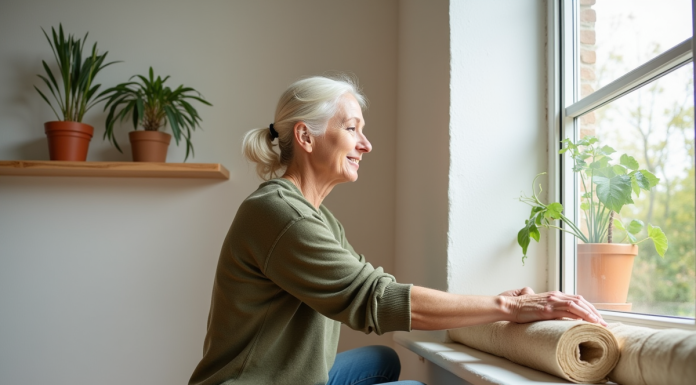 Rénovation écologique : conseils pratiques pour un habitat éco-responsable Femme isolant une fenêtre avec des fibres naturelles dans un salon lumineux