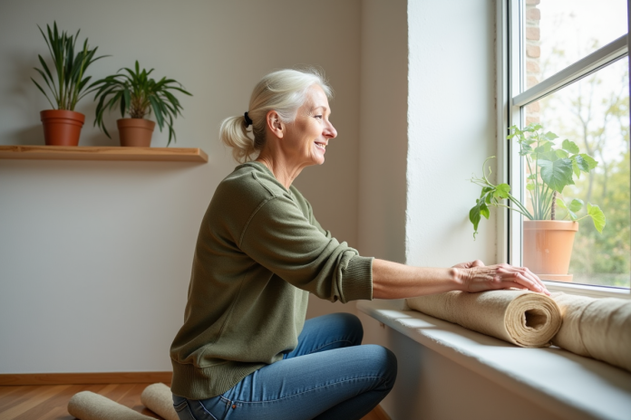 isolation-fenetre-mur-eco Femme isolant une fenêtre avec des fibres naturelles dans un salon lumineux