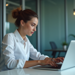 Comparaison : IA plus performante que ChatGPT – Résultats 2025 Jeune femme au bureau compare résultats sur ordinateur et tablette