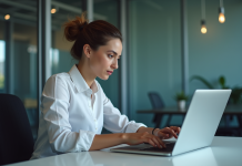 Jeune femme au bureau compare résultats sur ordinateur et tablette