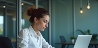 Comparaison : IA plus performante que ChatGPT – Résultats 2025 Jeune femme au bureau compare résultats sur ordinateur et tablette