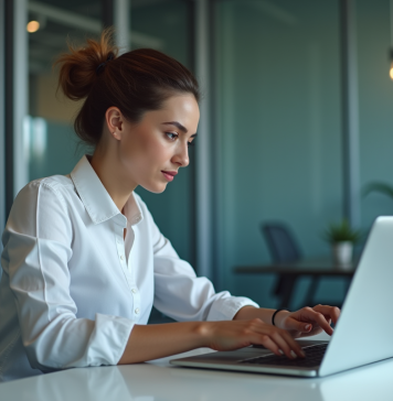 Comparaison : IA plus performante que ChatGPT – Résultats 2025 Jeune femme au bureau compare résultats sur ordinateur et tablette