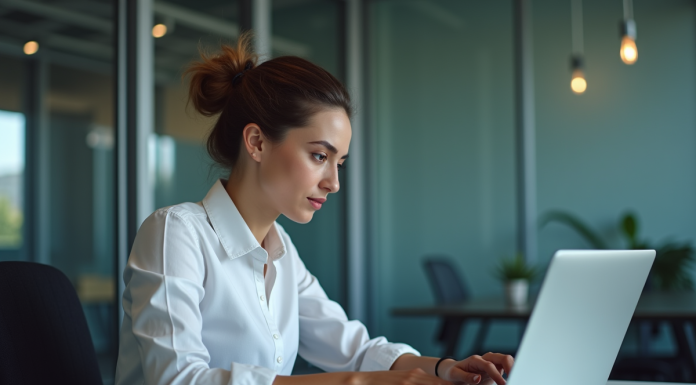 Comparaison : IA plus performante que ChatGPT – Résultats 2025 Jeune femme au bureau compare résultats sur ordinateur et tablette