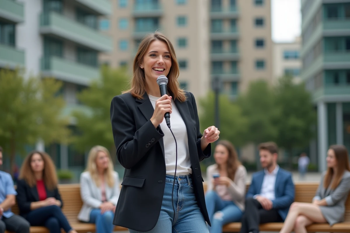 Jeune femme en blazer sur scène urbaine en extérieur