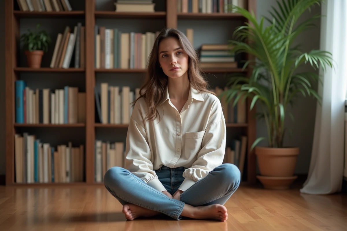 Jeune femme assise sur le sol dans un bureau cosy