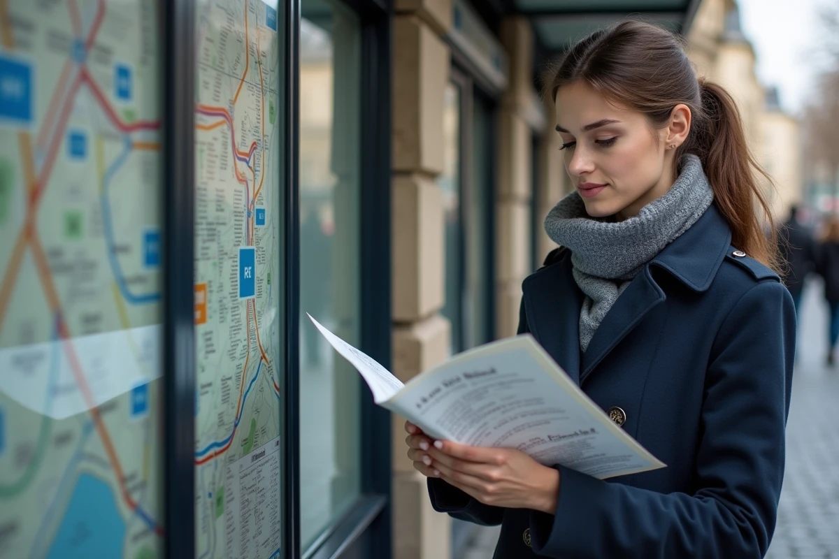 Jeune femme regardant une carte de Paris dans un abri de métro
