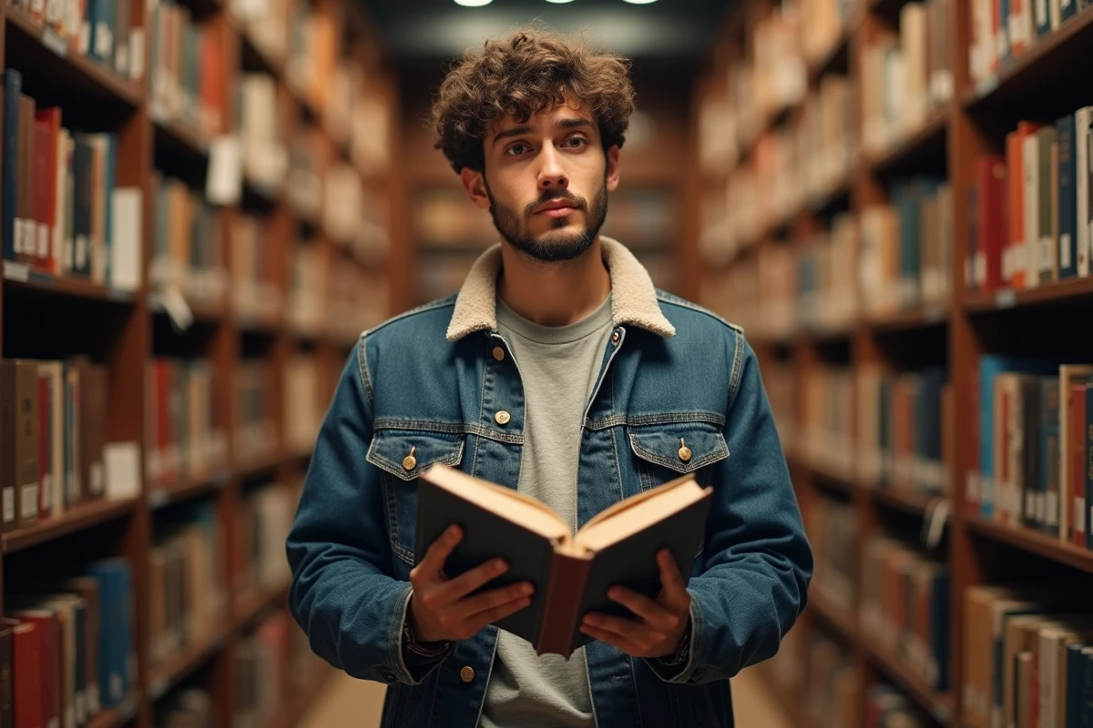 Jeune homme comparant des dictionnaires dans une bibliothèque