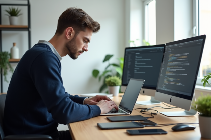 Jeune homme concentré sur son ordinateur dans un bureau moderne