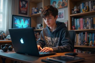 Adolescent concentré tapant du code sur un laptop gaming dans sa chambre
