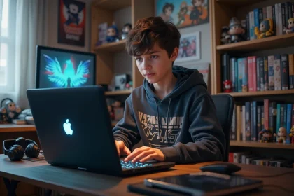 Adolescent concentré tapant du code sur un laptop gaming dans sa chambre