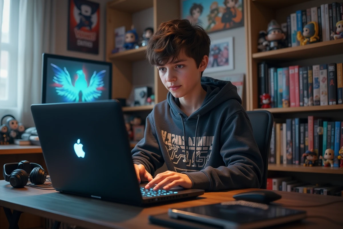 Adolescent concentré tapant du code sur un laptop gaming dans sa chambre