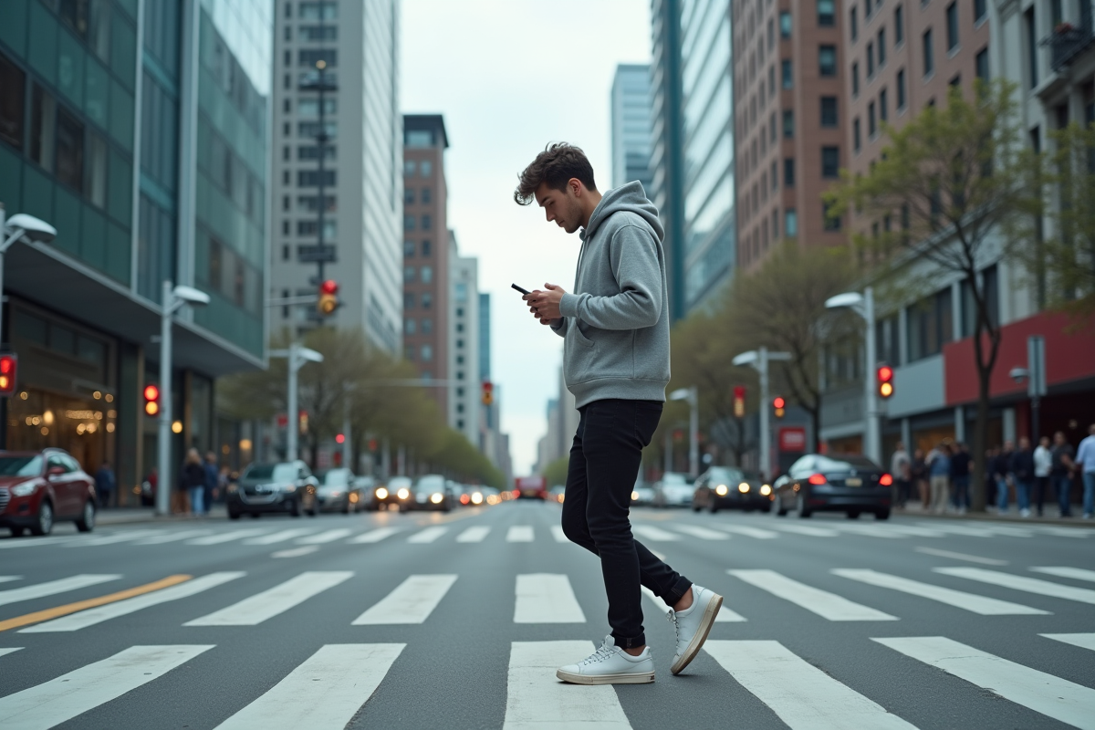 Jeune homme en hoodie traversant un carrefour animé