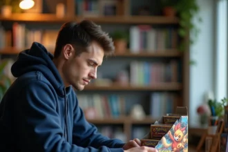 Jeune homme examinant un display Pokémon Aventures Ensemble scellé sur un bureau en bois avec des accessoires de jeu de cartes