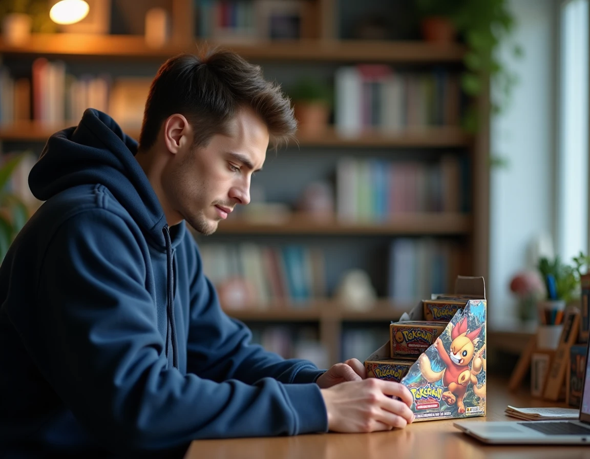 Jeune homme examinant un display Pokémon Aventures Ensemble scellé sur un bureau en bois avec des accessoires de jeu de cartes
