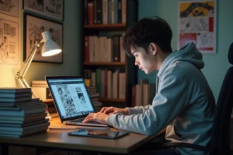 Jeune homme lisant manga sur son ordinateur à la maison