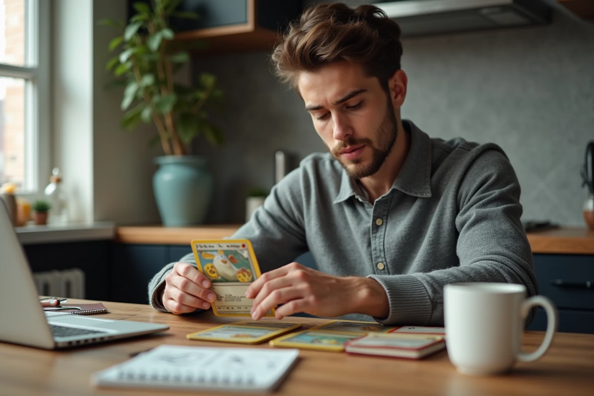 Jeune homme organisant des cartes Pokémon dans une cuisine lumineuse