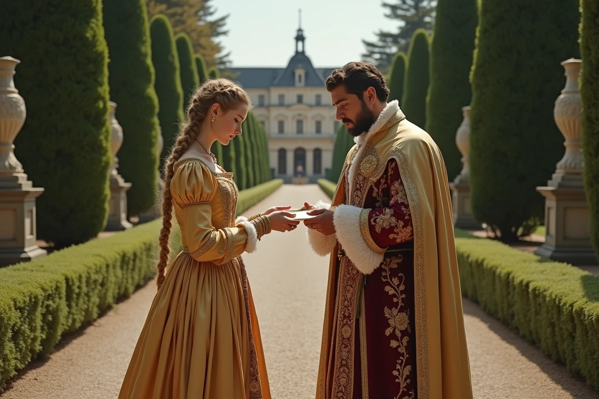 Jeune noble française échangeant une lettre dans un jardin Renaissance