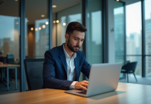 Jeune homme en costume bleu regardant un graphique digital