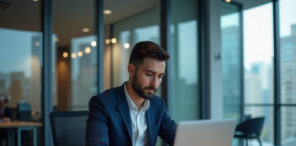 Jeune homme en costume bleu regardant un graphique digital